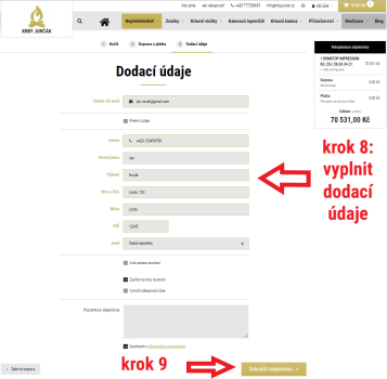 Krok 8 a 9: vyplnění dodacích údajů, dokončení objednávky