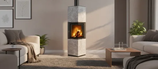 Designový akumulační krb Romotop Harmony - kámen, interiér
