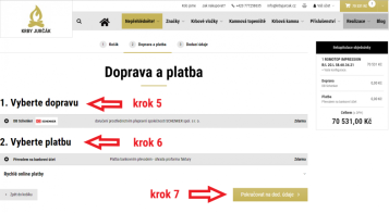 Krok 5, 6 a 7: volba způsobu dopravy, platby a pokračování k zadání dodacích údajů