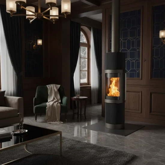 Krbová kamna Hase Elvas, titan, ceramic fan pattern texture, interier Krbová kamna Hase Elvas, titan, ceramic fan pattern texture, interier