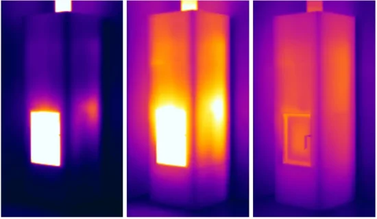 Časová osa uvolňování energie po zatopení v Hoxter Blox znázorněná termokamerou po 1 hodině, po 3 hodinách a po 12 hodinách od zatopení